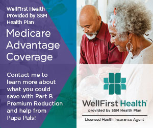 Image of a cobranded digital ad for agent use. It shows a senior couple in the upper right along with the WellFirst Health logo beneath.
